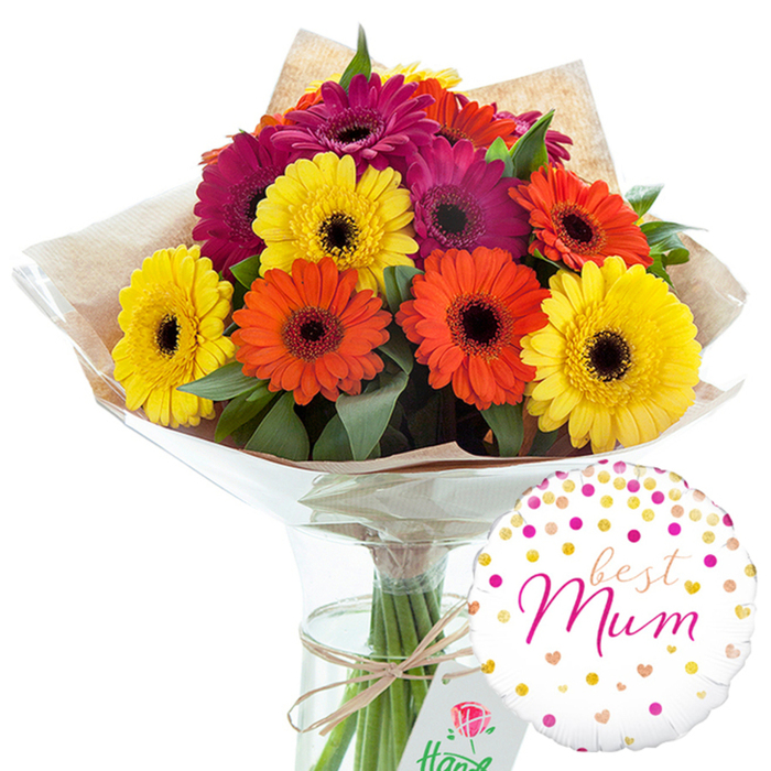 The scene shows a cheerful gerbera daisy bouquet and balloon set, captured in a clean studio setting that mirrors the calm, tidy feel of Grove Park's residential streets. At the heart of the image, the bouquet forms a rounded dome of colour, made up of approximately a dozen large gerbera daisies. Each flower is fully open, showing off its smooth, symmetrical petals arranged in precise circles around a dark, textured central disk. The colour combination is lively and harmonious: bright, sunshine yellows mingle with energetic oranges and deep magentas edging into fuchsia, creating a palette that feels at once playful and sophisticated. Nestled among the blooms are rich green leaves, slender and glossy, which help frame the flowers and give the arrangement a lush, full appearance, as if it has just been gathered from a well-tended local garden. The stems have been tied and dressed first in a layer of rustic brown kraft paper, lightly crinkled and warm in hue, and then in a sheath of transparent cellophane that catches the light with soft reflections. This layering not only protects the flowers, it also adds visual depth, bridging the natural textures of the paper and foliage with the clean lines of the glass vase below. A simple band of natural twine secures the wrapping, its unpolished fibres speaking quietly of handcrafted care, the sort of touch one might expect from a small Grove Park florist. The bouquet stands in a tall, straight-sided clear glass vase filled with water, where the green stems can be seen descending in orderly lines. To the lower right, complementing the floral display, a round white foil balloon hovers. It is decorated with scattered spots of metallic gold and pink and tiny heart shapes, giving the impression of sweet confetti. At its centre, the message best Mum is written in elegant pink cursive. Together, the radiant gerberas and affectionate balloon create a scene that evokes appreciation, joy, and homely warmth, perfectly suited to a Mother's Day celebration or a special delivery to a cherished mum in Grove Park.