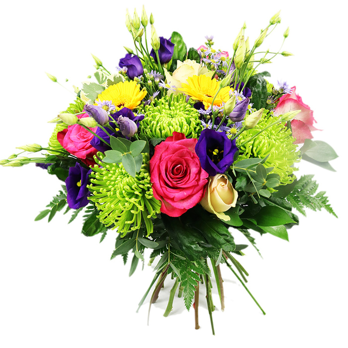 Against a clear white backdrop, this lavish hand-tied bouquet looks like a snapshot of a thriving summer garden brought indoors to Grove Park. The arrangement forms a pleasing, rounded dome, densely packed so that each bloom seems to support the next. At the heart are fully opened hot pink roses, their velvety petals curling outward in lush layers, creating a strong focal point of colour and softness. Surrounding the roses, lime green spider chrysanthemums spill outward in intricate, narrow petals, forming feathery orbs of chartreuse that lend movement and a touch of whimsy. Deep indigo and royal purple lisianthus flowers are scattered throughout, their bell-shaped heads and plump buds introducing a cool, jewel-toned contrast to the pinks and yellows. Bright yellow gerbera-style daisies punctuate the design, their wide, daisy-like faces and fine petals echoing sunlight, like glimpses of a bright day over the trees of Grove Park and the surrounding riverside paths. Near the base, a single creamy pale-yellow rosebud, still tightly wrapped, adds a gentle, romantic note amid the bolder blooms. Delicate accent flowers in soft lavender and pink peek from the spaces between larger stems, while tall, slender green buds rise above, giving height and a sense of new growth. Encasing the bouquet is a generous layer of greenery: glossy dark leaves, rounded, eucalyptus-like sprigs, and light, feathery fern fronds that gently trail at the edges, enhancing the arrangement's lush, hand-crafted character. The gathered stems, visible at the base, show this as a traditional hand-tied bouquet, ready for delivery to a home or office in Grove Park, ideal for birthdays, anniversaries, or simply bringing an uplifting burst of colour to a table near Chiswick or along the A316.