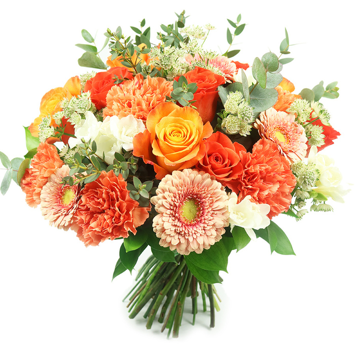 Presented upright against an immaculate white field, this luxurious hand-tied bouquet reads as a thoughtful, exuberant statement of colour and craft-an arrangement a Grove Park passerby might spot through a florist's window on a busy market morning. The composition is richly layered and rounded, built around several prominent roses ranging from deep, fiery orange to radiant, honeyed yellow; their full, spiraling petals form the bouquet's luminous heart. Surrounding these are abundant coral and burnt-orange carnations, their ruffled, scalloped edges adding generous volume and a soft, tactile quality that invites touch. Several peach-pink gerbera daisies lift the gaze with broad, open faces and subtle yellow-green centres, providing cheerful punctuation across the surface. Small, pristine white accent blooms-tiny spray flowers or freesia-introduce points of light that break up the warmer tones, while clusters of pale green, starry filler (astrantia-like) add delicate, airy texture and botanical interest. Woven throughout are lush sprigs of eucalyptus: rounded, silvery-green leaves that cool the palette and lend a fresh, resinous scent. The stems are tightly gathered and tied, reflecting professional hand-tying technique and ideal for immediate vase display. This bouquet's harmonious palette and layered textures suit autumnal celebrations or late-summer hosting in homes around Grove Park, Sundridge Park, or nearby Chinbrook Meadows, offering a warm, elegant gesture that brings both cheer and refined floral artistry to any occasion.
