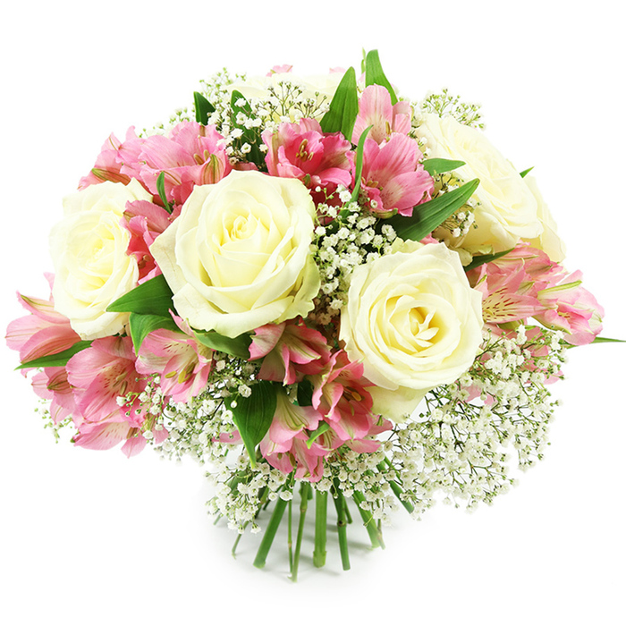 A lush bouquet of fresh flowers, dominated by creamy white roses and lively pink alstroemeria, is shown against a spotless white background, the simplicity of the setting emphasising the careful craftsmanship of a Grove Park floral design. Several large roses, fully opened yet still structured, stand out as the key focal points. Their petals are tightly layered at the centre, gradually loosening towards the edges in soft, rounded curves, and a gentle hint of pale yellow warmth glows from their cores. Woven between these classic blooms are generous stems of alstroemeria, each carrying multiple trumpet-shaped flowers that introduce a playful rhythm. The petals of the alstroemeria transition from light, almost pastel pink at the tips to intense fuchsia near the centre, where fine darker lines and speckles add intricate detail reminiscent of the textures seen in local gardens near Grove Park station. Interspersed throughout, sprays of white baby's breath create a delicate veil, their tiny spherical blossoms forming airy clusters that soften the visual transitions and lend the bouquet an almost cloud-like lightness. Encircling the flowers, deep green foliage provides contrast and structure, its smooth leaves peeking from beneath the blooms and framing the composition with a natural, just-picked freshness akin to a stroll through nearby Chiswick House gardens. At the base of the bouquet, the stems are neatly aligned and tightly gathered, revealing a classic hand-tied technique ready for a vase on a Grove Park coffee table or kitchen counter. The bright, even lighting highlights every curve of each petal and the vibrant interplay of white, pink, and green, resulting in an arrangement that feels both elegant and welcoming, ideal for marking personal milestones, offering sympathy, or simply bringing a touch of floral beauty into a home by the river.
