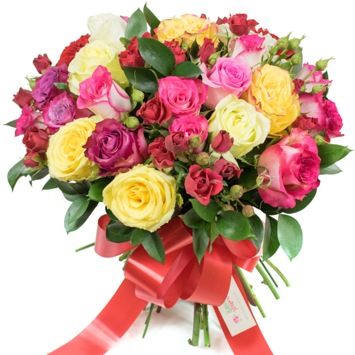A luxurious, abundant bouquet of mixed roses is carefully arranged into a full, rounded shape and photographed on a stark white background to showcase every hue and texture. The arrangement features cheerful yellow roses that bring a sunny note, creamy ivory blooms that add softness, and a sophisticated sweep of pinks from soft blush to electric fuchsia, including delicate bicoloured varieties with lighter petal edges. Deep red and burgundy spray roses are clustered to punctuate the composition and deepen the tonal range, while a mixture of fully open hybrid tea roses and smaller spray varieties - alongside tight, freshly formed buds - creates layered textural contrast. Dark, glossy greens, likely ruscus or salal, are threaded through the bouquet to frame the flowers and sharpen their colours against the white backdrop. The stems are neatly gathered and finished with a wide, bright red satin ribbon tied in a pronounced bow with long trailing tails; a small white tag tucked into the ribbon reads Happy Holidays, lending a thoughtful seasonal message. Soft lighting accentuates the velvety petal surfaces and the subtle shadowing between blooms, and the overall impression is one of generous craftsmanship and floral abundance. This piece would sit comfortably on a dining table after a walk from Chinbrook Meadows or delivered to a loved one in Grove Park as an elegant gesture for birthdays, anniversaries, or romantic occasions.