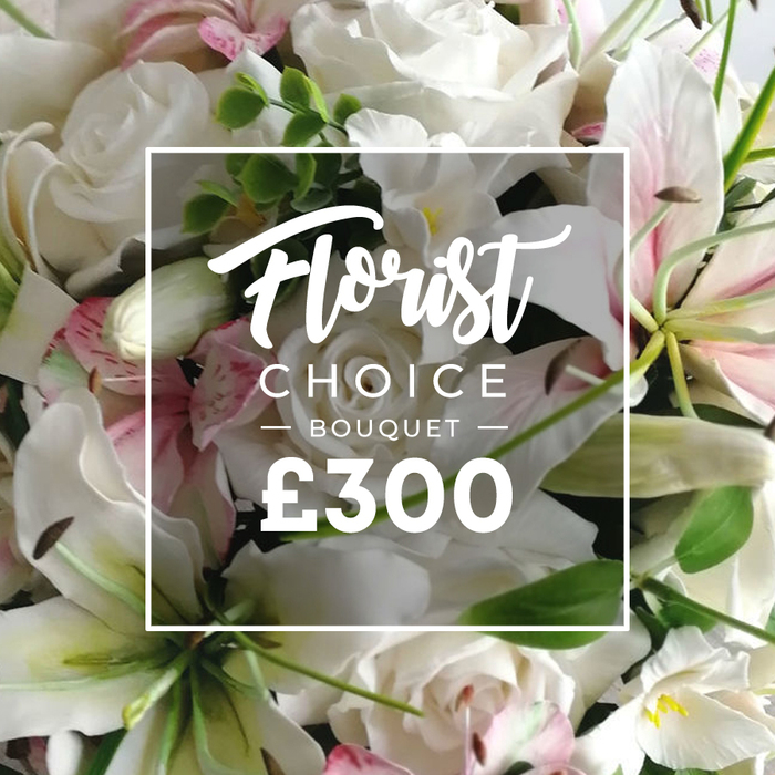 A lush, densely packed bouquet sits full-bleed in the frame, its white and blush palette steeped in a sense of serene celebration. The arrangement foregrounds numerous fully opened white roses, their satin petals unfurling in slow, almost devotional loops, while white lilies rise above them with their trumpet-shaped faces, a pure contrast against the pink-tinged inner edges that catch the eye. Interspersed among the larger blooms are smaller clusters of white and pale pink alstroemeria or similar delicate flowers, adding micro-slices of texture and whisper-soft color. Fresh green foliage-eucalyptus or a similar companion greenery-peeks through, grounding the bouquet and lending a tree-shaded freshness that hints at a morning in Grove Park's calm streets. The flowers radiate vitality and premium care, suggesting a hand-tied, studio-design that travels well in transit to be delivered in pristine condition.
Over the center sits a clean, white rectangular box with a thin border, emblazoned with the words Florist in an elegant script and CHOICE BOUQUET in uppercase sans-serif, with a bold ?300 beneath. The overlay reads like a seal of craftsmanship, a promise that this is a bespoke selection rather than a simple arrangement. This heavily curated composition would suit a milestone birthday, a heartfelt anniversary, or a sympathy gesture, and it reads across Grove Park and neighboring districts as a refined symbol of care. The image communicates not only beauty but the assurance of freshness, professional delivery, and thoughtful presentation, appealing to discerning customers seeking a meaningful floral experience.