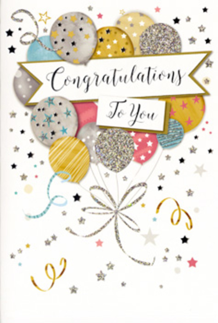 In this photograph, a stylish congratulations card is displayed against a neutral background, its design capturing the essence of a modern celebration in Grove Park. The illustration features a loose bouquet of balloons hovering in the centre, their strings gathered together at the base in a flurry of fine, metallic lines. The balloons themselves are rendered in a soft, harmonious mix of colours: rich gold, cool silver, champagne beige, tranquil sky blue, gentle blush pink, and understated grey. Each balloon is decorated with its own subtle motif-tiny scattered stars, sparkling glitter accents, or slender, curved stripes-that adds visual texture and charm. From the gathered strings, delicate ribbons trail down in gleaming gold and silver, curling and looping naturally as they approach the lower border of the card, reminiscent of festive decorations after a party in one of Grove Park's leafy back gardens. A pale, ribbon-like banner floats gracefully across the middle of the cluster, inscribed with the phrase Congratulations To You in flowing, calligraphic lettering. The typography is elegant yet inviting, conveying pride and happiness without feeling formal or stiff. Behind the balloons, the background is a smooth, light cream tone scattered with small metallic stars, tiny dots, and swirling lines that imitate the carefree movement of confetti and streamers caught in a breeze along nearby riverside paths. The lighting in the image is soft and balanced, allowing the metallic inks to catch the light just enough to appear luminous. The overall atmosphere is warm, polished, and joyful, making this card an ideal companion to a hand-tied bouquet from Grove Park Florist for graduations, promotions, or any special achievement worth celebrating.