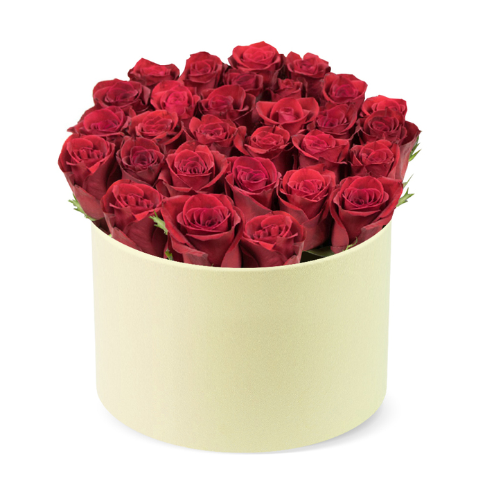 Think of a luxury gift that speaks of timeless romance: a round, cream-hued hatbox cradling roughly two dozen deep red roses. Each head is densely packed, petals tightly furled in velvety folds, forming a radiant, slightly domed surface that eclipses the box's rim. Between the blooms, dark green foliage peeks softly, lending a breath of garden coolness to the warm crimson. The container itself is a smooth, matte ivory box, its subtle hue amplifying the intensity of the roses and creating a refined stage for the drama of red petals. The whole arrangement sits against a pristine white backdrop, a studio light that makes the bouquet glow with quiet confidence. Taken at a gentle three-quarter elevated angle, the image feels intimate yet formal, a portrait of craft from a Grove Park florist who understands the poetry of colour and shape. 

This piece invites celebrations: Valentine's, anniversaries, or a heartfelt thank-you that will linger in memory. Delivered with thoughtfulness, the bouquet can reach homes around Grove Park with same-day service, carrying a message as enduring as the red blooms themselves. 

To the touch, the petals are soft and satiny, while the box's matte ivory surface offers a tactile counterpoint of smoothness against the lush, plush heads. The combined effect is a refined luxury that speaks to the careful hands of a local florist working in Grove Park, where tree-lined streets and a friendly neighbourhood atmosphere infuse every delivery with warmth.