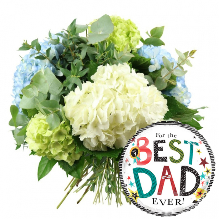 Against a bright white background, this photograph captures a thoughtful Father's Day or birthday surprise: a hand-tied bouquet of hydrangeas accompanied by a bold, celebratory For the BEST DAD EVER! foil balloon, ready to brighten a home in Grove Park. The bouquet occupies the upper left and central area, arranged in a full, rounded shape typical of a carefully constructed hydrangea design. At its core, large heads of creamy white hydrangeas form a soft, cloud-like centre; the multitude of tiny, overlapping petals give a plush, almost cushiony appearance. Around these, light blue hydrangea blooms drift gently to the left and upper right, introducing a cool, calming tone that feels peaceful and steady. Adding contrast, vibrant lime green hydrangea clusters are placed thoughtfully at the lower left and right side of the arrangement, bringing a lively, fresh edge that keeps the palette feeling contemporary. Interspersed among the flowers, sprigs of silvery-green eucalyptus curve outward with their round, velvety leaves, while darker, glossy foliage fills in gaps and adds depth, recalling the layered textures of local gardens near Grove Park station. The stems of the bouquet are clearly visible at the base, neatly gathered and tied, underscoring the hand-crafted, freshly prepared nature of the gift. In the lower right portion of the image, slightly overlapping the blooms, a glossy, round foil balloon stands out. Its central white field is bordered at the top and bottom by smart black and white stripes, framing the joyful message, For the BEST DAD EVER! The smaller words, For the and EVER! are printed in straightforward black lettering, while BEST and DAD are larger and more decorative, with each letter in a different bold colour and pattern-reds, greens, teals, and playful polka dots and stripes. A small No. 1 rosette symbol nestles near the word BEST, reinforcing the idea of a dad who comes first. Scattered stars and confetti-like dots in yellow, red, teal, and black tumble around the text, lending a festive, party-day feeling. Together, the elegant hydrangea mix and spirited balloon create a harmonious tribute to fatherhood, perfectly suited to same-day delivery throughout Grove Park.