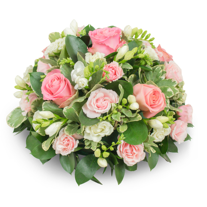 An elegantly constructed dome of soft pink roses and pristine white freesia, photographed on a white background so every texture and tone is clear. The larger garden-style roses form the focal points, their petals velvety and layered from warm blush to a slightly deeper pink, while clusters of smaller spray roses and tiny white filler blooms weave fullness into the surface, preventing any gaps. White freesia punctuate the composition with upright sprays; some blooms are fully open, exposing subtle yellow stamens, and others remain in tight, graceful buds, which will continue to open over several days. The green foundation is a study in contrast - broad, glossy foliage provides weight and a deep, cool backdrop, while variegated cream-edged leaves add a delicate brightness and visual lift. The arrangement is densely arranged so no stems show; its cushion-like shape casts a soft shadow and reads as composed, intentional, and comforting. The overall impression is one of fresh restraint: petals look soft to the touch, and the scent is a quiet mingling of rose sweetness and freesia's citrusy lift. As an experienced local florist at Grove Park Florist, I often prepare this style for memorial services at nearby chapels or for families asking for an understated tribute to place beside a photograph or on a bedside table. Its balanced palette and refined construction make it equally suitable for a sympathy arrangement, a celebration of life, or a thoughtful, long-lasting gift delivered across Grove Park, Lee, and Hither Green.
