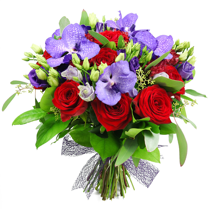 An opulent, richly textured bouquet dominates the frame, its palette a luxurious dance of crimson and purple set against bright white. The red roses are fully bloomed and velvety, their petals curling inwards with a sense of ardent passion and timeless elegance. Sprinkled among them are majestic purple Vanda orchids, their broad petals bearing a subtle speckled reticulation that gives the arrangement an exotic, couture feel. Clusters of smaller lisianthus in lilac and indigo provide softer notes and a gentle movement through the composition, with some blooms still in bud to hint at growth and anticipation. The greens are lush and abundant: large, glossy leaves create a deep green quilt, while delicate sprigs of filler foliage and slender stems add air and texture. The stems are secured at the base with a dark, nearly black or deep plum mesh ribbon that threads through the arrangement, lending a contemporary, architectural finish. The overall effect is one of romance and celebration, a statement bouquet perfect for anniversaries, Valentine's gestures, or as a remarkable gift that announces exquisite taste. This design would suit a grand dinner table, a hotel foyer, or a private home within Grove Park, where such artistry can be enjoyed by friends and family who value freshness and lasting impression.