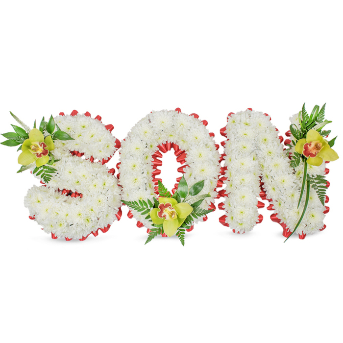 A meticulously fashioned sympathy tribute presents the word 'SON' in commanding three-dimensional letters, each letter composed of abundant small white chrysanthemum blooms tightly set to form a full, sculpted appearance that reads as gentle and reverent. The stark white faces are bordered by a continuous band of vivid red ribbon, folded into evenly spaced scalloped loops that create a rhythmic, heartfelt frame against the pale blossoms. Placed with considered restraint, three lime-green cymbidium orchids punctuate the composition: one nestles into the upper left curve of the 'S', another rests within the base of the 'O', and a third accents the upper right stroke of the 'N'. Each orchid carries a subtle orange to reddish-brown throat and a waxy sheen that catches light differently from the matte chrysanthemums, while surrounding glossy leaves and delicate fern fronds add vertical movement and a sense of natural growth. The clean white background allows the textures and symbolic colours to read with quiet clarity, the red suggesting courage or love, the white purity, and the green of the orchids and foliage a whisper of renewal. This arrangement, suited to a funeral service, memorial chapel, or graveside near Grove Park Nature Reserve and the local streets off Burnt Ash Road, is crafted to communicate personal loss and affectionate remembrance with calm dignity, showing the technical care and sympathetic eye of florists serving the Grove Park neighbourhood.