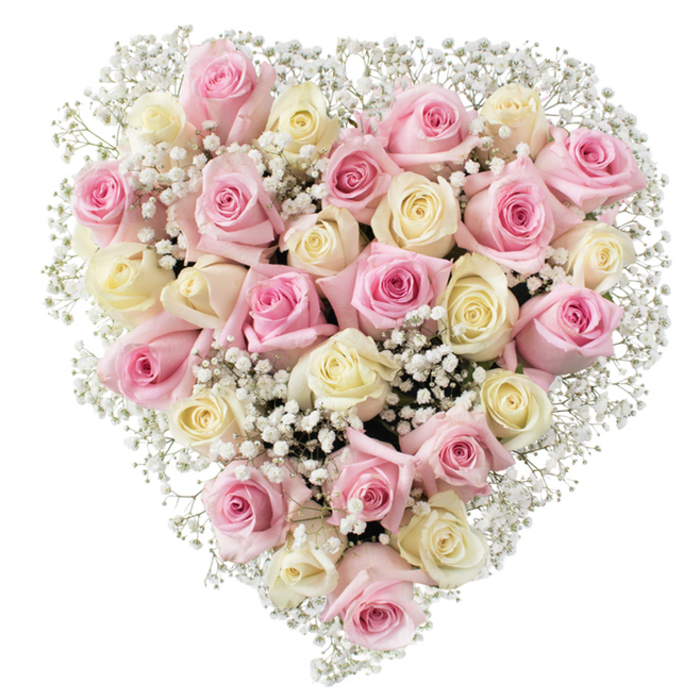 Embodying both local artistry and the enduring symbolism of love, this heart-shaped floral display from Grove Park is a celebration of beauty and connection. Expertly arranged in the heart of Grove Park, the bouquet features close to three dozen roses, each blossom a marvel of pastel colour-ranging from tender blush pinks reminiscent of late May blooms along Fauconberg Road to creamy whites with hints of buttery yellow at their base. Each rose appears in various stages of opening, petals soft and inviting, layered in natural spirals that create movement and a sense of blooming life. Dotted amongst the roses, gypsophila-or baby's breath-provides delicate, cloudlike contrast, their clusters of tiny white blooms lightening and expanding the heart shape, as if encasing it in a gentle mist. Strategically lit to showcase every nuance, the bouquet sits vivid and three-dimensional against an uncluttered, snowy-white background. The symmetry and fullness of the heart outline evoke deep feelings of affection and remembrance; such arrangements frequently grace memorials or celebration tables in Grove Park's welcoming homes. The piece is meticulously crafted, reflecting the personal touch and expertise Grove Park Florist is known for, and designed for occasions both joyous and solemn. Whether it's destined for a Valentine's Day surprise along the river or a compassionate tribute at a farewell gathering, this bouquet speaks softly of devotion, kind memories, and lasting comfort, marrying local charm with floral grace in every petal and sprig.