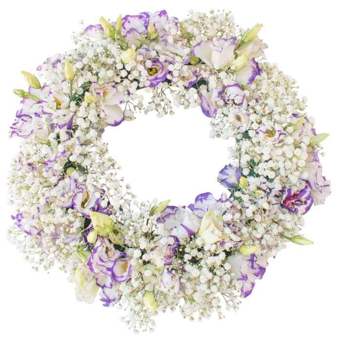 A delicately crafted funeral wreath is shown against a plain white background, its perfect circle entirely enrobed in a dense layer of white baby's breath. Each stem of Gypsophila bursts into clusters of minute blooms, creating a plush, cloud-like surface that softens the structure of the wreath and lends it a sense of weightless grace. Scattered thoughtfully across this cushion of white are clusters of lisianthus, their petals softly ruffled and layered in gentle waves. The lisianthus blossoms are primarily a creamy, luminous white, but their edges are painted with shades of lilac and deep purple, adding subtle drama and depth. In some flowers, the colour edges are clearly defined; in others, they blur slightly into the white, evoking the look of ink diffusing into paper. The variation between fully opened flowers and smaller, tightly furled buds-tinged with pale green and soft hints of yellow-gives the arrangement a feeling of natural life and continuity. The inner circle of the wreath is completely open, drawing the eye into a calm, empty space that contrasts beautifully with the densely floral ring around it. Without foliage or additional colours, the palette remains serene and restrained, allowing the soft contrast between white and purple to convey feelings of peace, reverence, and gentle sorrow. Lit with even, clear light, much like daylight filtering through trees in Grove Park, every petal and floret is clearly visible, communicating the care and craftsmanship behind the design. Such a wreath would be a meaningful choice for funerals and memorials, offering a quiet yet eloquent expression of sympathy and enduring love.