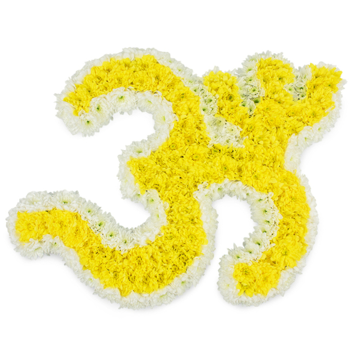 A beautifully crafted floral tribute in the unmistakable shape of the Om (Aum) symbol is centred against a spotless white background, inviting a sense of quiet reflection. The core of the design is created from a dense layer of small, bright yellow flowers-likely chrysanthemums or marigolds-tucked closely together so that no gaps of greenery are visible. This tightly woven surface of petals gives every curve and spiral of the Om a cushioned, almost cloud-like texture. The symbol's broad lower sweep, its smaller inner loop, and the graceful crescent and dot above are all richly filled with this yellow, which glows like captured sunlight. Running around the outside is a consistently narrow border of pure white blooms that precisely traces each contour, bringing crisp definition and a feeling of purity to the sacred form. The contrast of yellow and white is enhanced by soft, high-key lighting that eliminates harsh shadows, allowing the colours to remain gentle yet luminous. No accessories, stands, or surrounding décor are visible; the focus remains solely on the floral Om, floating in a field of white. It's easy to imagine this arrangement being prepared in a local Grove Park flower studio, destined for a funeral gathering, temple ceremony, or home shrine where loved ones seek both solace and spiritual grounding. The imagined scent is fresh and lightly sweet, the kind of fragrance that soothes without overwhelming. As a funeral tribute, this floral Om expresses deep respect, devotion, and a heartfelt wish for peace on the next stage of the journey, while honouring the cultural roots and spiritual beliefs of the family.