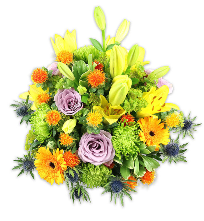 Presented against clean white, this densely packed bouquet reads like a bright, hand-gathered meadow carefully composed for both visual impact and tactile variety. Several sunny yellow Asiatic lilies are prominent, their trumpet-shaped blooms opened to show freckled throats while taller buds stretch upward, lending elegant height and a sense of growth. Two soft lavender roses rest near the centre, their layered petals unfolding in a slow spiral that softens the arrangement's vibrant energy. Scattered across the surface are cheerful orange Gerbera daisies with darker central discs, their broad, flat petals creating friendly focal points, and clusters of lime-green button chrysanthemums that add a plush, almost mossy texture. Tiny, globular orange-yellow accents - the sort that catch light and glance like confetti - are dotted between stems, contributing lively detail. Contrasting with the warm tones are several blue-grey Eryngium thistles, whose spiky, star-shaped bracts and metallic hue give an unexpected, modern edge to the bouquet and draw the eye along the lower and lateral edges. A mix of glossy and matte green foliage, from broad lily leaves to smaller, serrated fillers, supports the flowers and gives the piece a structured fullness. In soft, neutral lighting the colours feel immediate: the yellows and oranges pulse warmly, the lavenders calm, and the blues cool. This bouquet would suit a range of occasions - from a sunlit housewarming or birthday to a thoughtful remembrance - and reads as a skilled balance of classic romance and contemporary botanical detail, evocative of neighbourhood markets and early-morning floral runs around Grove Park station.