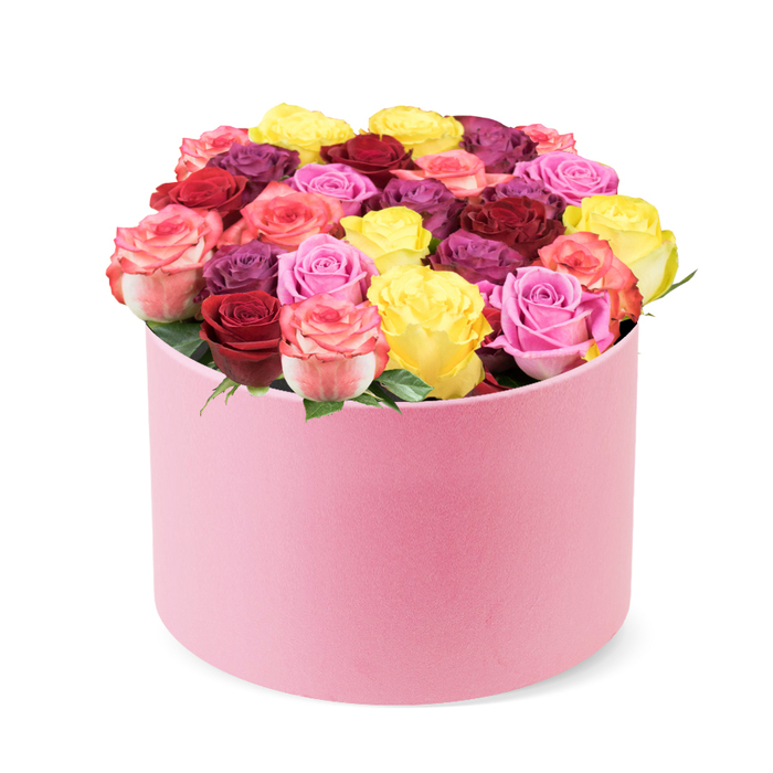 An impeccably arranged rose box, a soft pink cylindrical hat box with a gentle curve along the top edge, crafted from velvet-like material, sits against a white background as a display of luxury. The dense bouquet blooms above the rim, roughly thirty to forty roses, each opened to reveal a tight, lush center. The colors run the spectrum: bright yellow that sparkles, deep red and burgundy that feel velvety, an assortment of pinks from soft blush to vibrant fuchsia, and ribbons of cream that lighten the palette, with hints of opulent purple-plum tones adding drama. The petals appear fresh, the greens leaves minimal but vibrant, providing a natural frame. The composition suggests premium flower delivery and is a perfect gift for Valentine's Day, anniversaries, birthdays, or Mother's Day. Its design is both a statement piece for modern interiors and a classic gesture for generous affection. The box's texture, the dome shape, and the color mix convey love, celebration, and refined style, ideal for features on luxury gifts, floral trends, or choosing a standout arrangement. In Grove Park, this arrangement is a familiar sight in bouquets prepared for same-day delivery to nearby homes, delivering freshness and expert craftsmanship to doorsteps across the area.