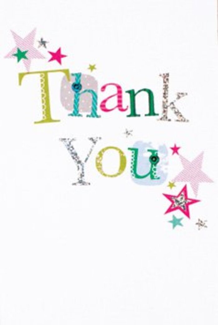The design of this thank-you card has a composed, quietly exuberant quality I often recommend to clients collecting bouquets around Grove Park Nature Reserve. Each letter of 'Thank You' is given its own personality-some whimsical with playful spots and rounded curves, others more refined with a slender profile and a slight silver sheen-presenting a thoughtful balance between casual joy and understated elegance. The palette is lively yet controlled: a vivid lime green sits beside deep fuchsia and a cool, serene blue, while accidental flashes of silver add a gentle metallic punctuation. Sprightly stars, some lined with delicate pink stripes, others bathed in turquoise or a soft gold, gather near the message like petals settling after a breeze-bright and slightly scattered but always intentional. The background is an immaculate white, lending an airy, modern context where textures and colour can sing without clutter. In softer light-imagine late morning light filtering through a café window on Torridon Road-the silver highlights are muted and the stitched patterns read as tender, handcrafted touches. As a florist advising on presentation, I picture this card nestling against a hand-tied bouquet wrapped in kraft paper and ribbon, its textured letters echoing the weave of twine and the sheen of a satin bow. It feels suitable for a wide range of occasions: a neighbour's kindness returned, a teacher thanked, or a simple celebratory note slipped alongside seasonal blooms from a local Grove Park shelf.