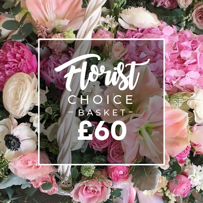 Grove Park Florist presents this hand-tied Florist Choice Basket, an elegant array of fresh blooms arranged in a light-colored woven basket. The pièce de résistance comes in the form of large hot pink peonies, their ruffled petals catching the eye, supported by clusters of pale pink hydrangeas and white ranunculus with tightly wound layers. Cream roses mingle with white ones, and the pure white anemones with dark centers create a striking focal point. Hints of soft peach-amaryllis-like trumpet blooms or similar shapes-peek through, adding warmth and depth. The greens-eucalyptus wisps and other foliage-frame the display with natural texture. A clear white square overlay sits in the middle of the bouquet, with the word Florist Choice Basket written in elegant script above and the price ?60 rendered in bold sans-serif beneath. The composition speaks of refined gifting, designed for occasions ranging from birthdays to weddings, and it's presented as a premium option in Grove Park and beyond. This is a gift crafted with attention to detail, suitable for delivery to nearby households or venues, and accompanied by Grove Park Florist's reputation for reliable freshness and careful craftsmanship.