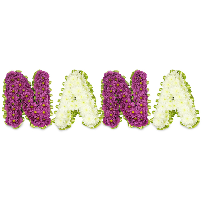 A detailed, formal tribute spells out the name NANA in large, three-dimensional letters arranged on a stark white field, each character composed of hundreds of small, fresh blooms for a unified, sculpted appearance. The first and third letters are formed from dense clusters of deep purple-magenta chrysanthemum-like flowers, their tight petals creating a plush texture while tiny yellow centres peek through like gentle sparks. The intervening A letters contrast in pristine cream to soft ivory chrysanthemums, bringing a calm, luminous softness to the overall word. Every letter is neatly framed by a bright, undulating lime-green edging - likely a pleated ribbon or a closely packed collar of foliage - which crisply defines the shapes and adds a fresh, natural highlight that lifts the letters from the white background. The craftsmanship is precise: the small flower heads are placed uniformly to create even curves and clear legibility from a distance, making it a traditional and respectful sympathy piece suited for funeral chapels, memorial services, or graveside tributes. In Grove Park, families often select this style to honour a grandmother or matriarch, whether delivered to a local chapel near Baring Road or brought to a quiet service after a gathering on Grove Park's residential streets. The visual rhythm of alternating colour, the whisper of chrysanthemum fragrance, and the bright green frame together convey both dignity and affectionate remembrance.