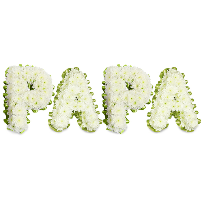 A serene floral tribute made of white spray chrysanthemums spells out PAPA in four strong, uppercase letters, each letter built from dense, closely packed blooms to form a plush, slightly domed surface. The chrysanthemums are pristine and full, their ruffled petals layered in tiny clusters that create a tactile, cushion-like impression; under soft lighting the petals gain a subtle pearlescent sheen that enhances the arrangement's purity. A slim band of pale green ribbon - folded and pleated with care - outlines every character, and interspersed hints of pale foliage add depth and a natural contour, giving the letters a refined, finished edge against the stark white backdrop. The layout is horizontal and measured, intended to read clearly in a funeral setting or at a memorial service where the intimate name PAPA becomes a public expression of private grief. The bouquet's quiet scent and the soft visual rhythm of repeated white forms provide a comforting presence, an understated way to honour a father, grandfather, or paternal figure. As someone who creates memorial pieces for families around Grove Park and nearby Chinbrook Meadows, I recognise the balance of simplicity and skill here: it's a design that conveys respect, remembrance, and the gentleness of love in loss without fuss or ornamentation.
