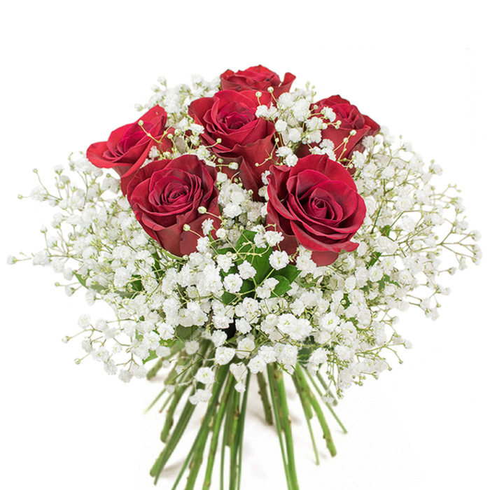 As a florist I imagine handling each of these eighteen to twenty deep red roses, choosing stems with fully opened, velvet-rich petals and assembling them into a lush, rounded dome surrounded by a halo of tiny white gypsophila. The baby's breath-Gypsophila paniculata-spills between the roses in delicate sprays, its miniature florets creating a soft, almost cloud-like texture that lifts and breathes around the dense crimson forms. Set in a clear glass vase, the long green stems and water are visible below, offering a clean, botanical counterpoint to the romantic heaviness of the blooms above. Light plays across the arrangement, revealing the smooth, satiny surface of each rose petal and the airy translucence of the gypsophila, while the overall silhouette remains compact and composed. The tactile contrast is a florist's pleasure: the cool, smooth weight of velvet petals against the feathery whisper of baby's breath, which together evoke a sense of comfort and earnest tenderness. In the context of Grove Park-perhaps delivered after a walk past Chinbrook Meadows or left in a kitchen overlooking the local high street-this bouquet reads as a traditional declaration of love and devotion, ideal for anniversaries, Valentine's Day, or a sincere apology that needs to feel both beautiful and deliberate. The design is understated in its perfection, a small, eloquent statement of feeling crafted with care and local knowledge.