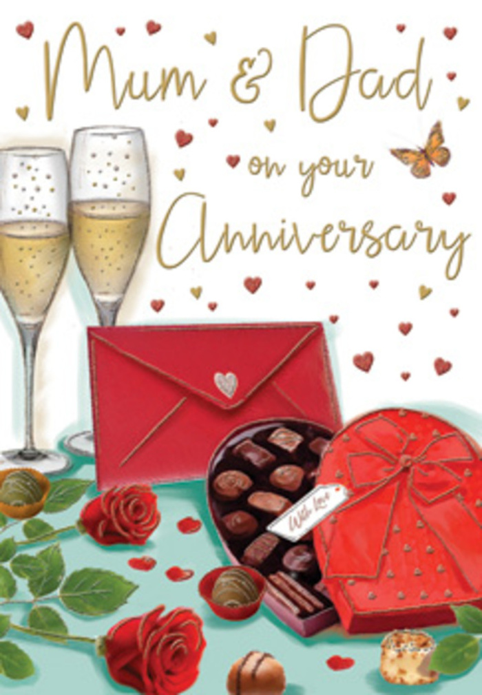 This anniversary card illustration offers a richly detailed still life that feels as if it could be set on a sideboard in a Grove Park townhouse just before an evening celebration. At its heart, two red roses lie in relaxed elegance, their petals full and velvety, spiralling outward in deep crimson layers that look almost touchable, with polished green leaves fanning around them like a natural frame. To one side sits an open heart-shaped box of chocolates, revealing a neat array of truffles, each one snug in its place; the box is adorned with an extravagant red bow, its satin loops and tails curving gracefully across the lid to add a sense of occasion. Behind this indulgent pairing, two tall champagne flutes rise, filled with pale golden champagne, their slender stems reflecting soft highlights as tiny bubbles gather and drift to the surface, frozen in the moment before a toast. The background is warmed by a gentle, creamy tone, scattered with shimmering gold details and playful crimson hearts that drift around a lovingly written Mum & Dad greeting, giving the piece both elegance and intimacy. At the very front, a scarlet envelope rests flat on the table, perfectly sealed, suggesting a heartfelt message tucked inside, perhaps prepared during a peaceful afternoon after a walk through the leafy paths of Grove Park and along the edge of Chiswick House grounds. The overall atmosphere is one of cosy sophistication, with light reflecting softly off glass and chocolate, and an almost tangible sense of rose fragrance and sweetness in the air. It evokes an anniversary celebrated at home: thoughtful, unhurried, and filled with quiet gratitude for years shared together.