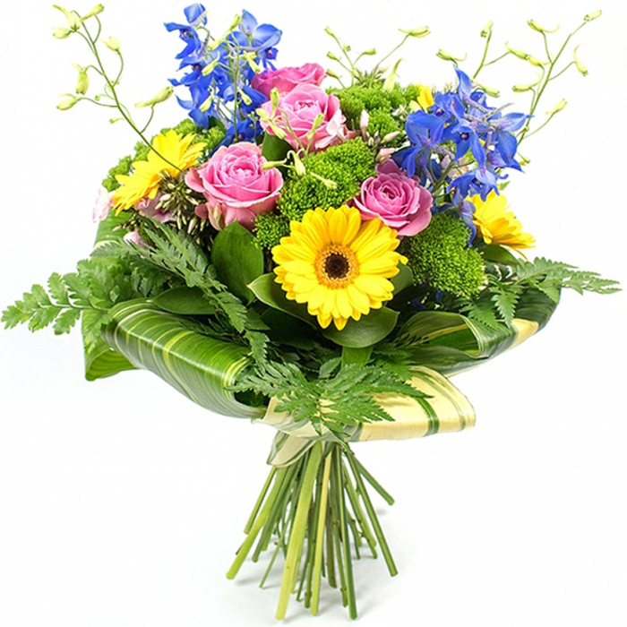 A richly coloured hand-tied bouquet is set against a pure white background, the simplicity behind it allowing every petal and leaf to stand out as clearly as a window display along Grove Park's quiet parade of shops. At its centre are several open pink roses, each blossom layered with velvety petals that curve outward in soft spirals, conveying romance and gentle appreciation. Framing these roses are bright yellow gerbera daisies, their petals evenly radiating from dark brown centres, creating a sunny, modern accent that brings immediate cheer. Behind and above the main blooms, tall spikes of deep blue delphinium rise elegantly, their multiple florets arranged along slender stems, lending structure, height, and cool contrast to the composition. The bouquet is surrounded and supported by lush greenery: delicate, feathery fern fronds peek from the lower edges, softening the shape, while large, glossy tropical-style leaves, some featuring faint, lighter striping, are expertly curved and wrapped around the base of the flower heads to form a sophisticated green collar. Interwoven among the main flowers, tufts of bright, almost moss-like green filler foliage create a sense of depth and fullness, echoing the texture of well-kept gardens around Grove Park. Slim, pale green stems topped with small, unopened buds stretch gently upwards, adding a light, airy dimension that suggests the freshness of blooms just cut from the garden. The stems at the bottom are gathered together neatly and tied with a simple, natural binding, clearly showing the care of a hand-tied arrangement ready to be carried or delivered. The overall feeling is one of joyful elegance, suitable for celebrations, get-well wishes, or simply brightening a living room with a piece of floral artistry.