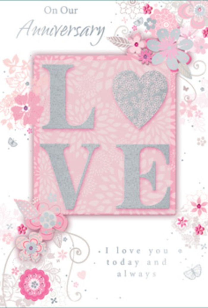 This anniversary card opens like a quiet ray of sunshine, reminiscent of a serene morning in Grove Park when light filters gently through the trees and into familiar homes. The central motif is the word LOVE, printed in a refined, frosted glitter that adds a touch of sparkle without overwhelming the eye. The letters are subtly raised, giving them a tactile presence that invites fingers to trace each curve and edge. Surrounding this central word, wispy, hand-drawn blooms drift across the borders, their petals and leaves rendered in soft shades of pink, lilac, and ivory that blend into one another with effortless harmony. The style suggests the loose, instinctive sketches a florist might make while planning a hand-tied anniversary bouquet, perhaps at Grove Park Florist before a same-day delivery around the local streets. Light sprays of foliage appear to float gently over the soft background, leaving just enough space between stems and petals to create an airy, uncluttered feeling. Subtle decorative flourishes-slender filigree lines, dainty leaves, and tiny, almost-hidden butterflies-tuck themselves into the design, like small secrets waiting to be discovered. They hint at the flutter of hearts and the quiet excitement that still accompanies each anniversary, even after many shared years. The words I love you today and always are set in simple yet graceful type, understated enough that they feel honest rather than grandiose, much like a heartfelt promise spoken in the kitchen at the beginning or end of the day. Altogether, the card feels like a bouquet on paper: gentle, luminous, and lovingly composed, ideal for honouring a relationship that has grown steadily and beautifully in Grove Park.