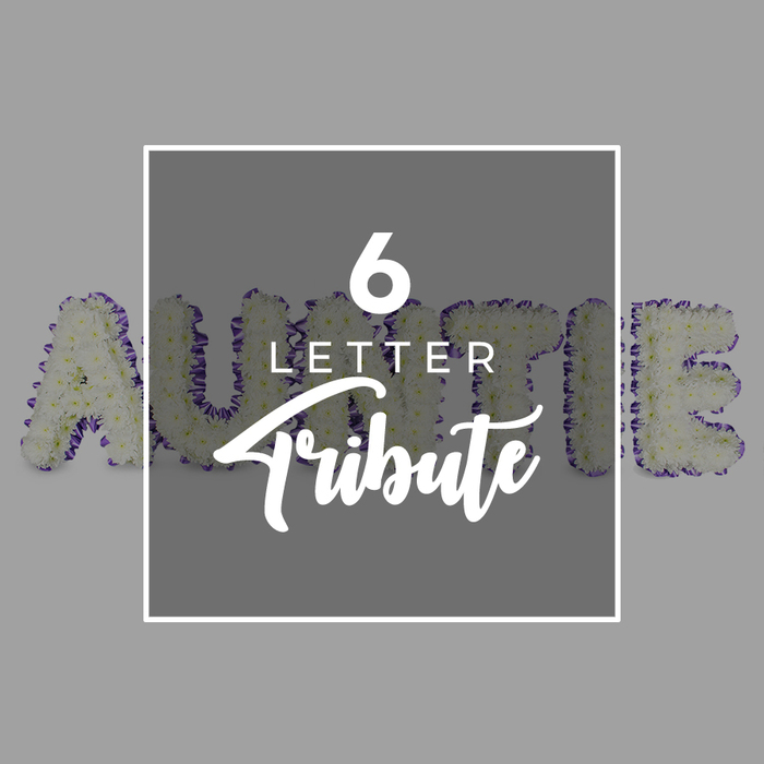 An Auntie spelled in six large freestanding letters forms a quietly powerful memorial, built from an abundant field of white chrysanthemums. The blooms are tightly clustered, their petals velvety and cool in the imagined air of a chapel. Each letter is neatly outlined with a narrow border of purple accents, providing a dignified frame to the snowy surfaces. In the center, a white square panel overlays the arrangement, bearing 6 LETTER in clean sans serif type, followed by Tribute in an elegant script, signaling a personalized memorial piece. The lighting is even and gentle, casting a reassuring hush over the scene, as if morning light glides across the petals. For the Grove Park community, such a design offers a timeless way to celebrate a life well loved, suitable for a funeral home display, a church hall foyer, or a wake. The artistry lies in balance: white blooms, purple edges, and a heartfelt message that lingers with those who gaze upon it. This piece endures memory, available for delivery across Grove Park and surrounding boroughs, ready to bring comfort to families gathering to remember their Auntie. The scent of fresh chrysanthemums adds a subtle, comforting presence to the display.