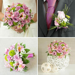 This image shows a four-panel wedding collage where every floral element coordinates in soft pinks, lavenders, and fresh greens, perfect for a Grove Park celebration. In the top left panel, the bride's white lace dress is partially visible as she holds a rounded bouquet. The bouquet feels full and romantic, packed with light pink and lilac-toned roses, bright green button chrysanthemums, and delicate pink alstroemeria whose petals are traced with gentle yellow speckles. Wispy white baby's breath is scattered throughout, softening the composition, while rich green foliage gathers the colours together like a natural frame. The overall effect evokes strolling through Grove Park's leafy streets in early spring, where blossoms look tender and newly opened. In the top right panel, we see a close-up of a dark charcoal grey suit and a vivid fuchsia tie. Pinned to the lapel is a small yet detailed boutonniere: one blush-pink rosebud, tiny green button chrysanthemums, light sprays of gypsophila, and slender decorative grass blades that arc gracefully, all tied with a pink ribbon echoing the groom's tie. The lower left panel revisits the bouquet, this time resting on a light beige, textured surface, possibly a linen cloth. From this angle, the stems are neatly aligned and bound with a vibrant fuchsia ribbon, showing the careful hand-tied technique. The blooms spill out in a controlled yet natural dome. In the bottom right panel, a coordinating table centerpiece completes the set-a dome of roses, green chrysanthemums, pink alstroemeria, and baby's breath filling a white spherical vase with an intricate woven texture. Two smaller, pale woven decorative spheres sit beside it, suggesting a stylish Grove Park reception table dressed in soft neutrals.
