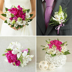 This four-panel collage illustrates how a single floral palette can unify a whole Grove Park wedding, from aisle to reception. In the top-left image, a bride in a strapless white gown holds a lush, rounded bouquet close to her waist. Her hands, gently clasped with a slender ring catching the light, support a rich blend of fuchsia pink peonies and crisp white alstroemeria. The peonies are deeply layered and velvety, filling the bouquet with colour and volume, while the alstroemeria's white petals, marked with fine maroon flecks, add contrast and a refined, almost painterly detail. Threads of pale green spiky blooms and dark green leaves weave throughout, giving the design a sense of movement and freshness, as though it belongs on a sunlit terrace overlooking Grove Park's leafy streets.   

Top-right, the groom's charcoal suit and lavender-purple tie provide the backdrop for a neat boutonniere. This lapel flower repeats the wedding's chosen stems: a petite head of white alstroemeria, delicate green spikes, and small polished leaves, all wrapped securely with a lilac satin ribbon. The textures of petal, silk, and wool blend elegantly, signalling thoughtful styling that will endure a day of celebration.   

In the bottom-left panel, a smaller bouquet lies on a softly textured beige fabric. It features the same vivid pink peonies, white alstroemeria, and greenery, compact and hand-tied, the stems encased in vibrant lavender ribbon. This could be a bridesmaid's bouquet or a toss bouquet waiting by the door of a Grove Park church.   

The bottom-right panel shows a low, modern centerpiece created from the same flowers. The blooms are gathered into a round white vase woven from criss-crossing strands, creating a hollow, sculptural globe. Nearby, three lighter beige woven spheres of varying sizes echo this form, offering a stylish, cohesive finishing touch for wedding tables across Grove Park.