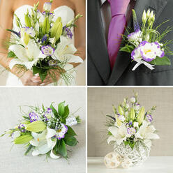 Soft morning light bathes a coordinated wedding collection in luminous whites and regal purples: close-up of a bride holding a generous bouquet of white oriental lilies and cream Eustoma (lisianthus) edged in vibrant purple, a groom's boutonnière pinned to a charcoal grey lapel, a hand-tied bridesmaid posy lying on textured beige fabric, and a tall sculptural centrepiece in a white woven globe vase. The bouquet's architecture is deliberate-large, fragrant lilies open wide beside partially closed buds, while double-layered lisianthus introduce gentle ruffles tipped with purple hues. Slender purple veronica spikes and tiny sprays of gypsophila act as punctuation marks, while variegated green foliage, feathery grasses and broader glossy leaves create depth and a soft cascade. The boutonnière echoes this language on a smaller scale: one open purple-rimmed lisianthus, a lily bud and a slice of spiky purple, secured with a discreet white ribbon against a rich purple silk tie. The bridesmaid's bouquet is neatly hand-tied with stems wrapped in white satin for comfortable carrying, and the airy centrepiece rises from a white lattice vase, its stems flowing over the rim beside two woven beige decorative spheres. As a local florist familiar with Grove Park and nearby Lewisham and Bromley, Grove Park Florist designs these ensembles to be fragrant, textural and photogenic-ideal for intimate ceremonies at the Grove Park Nature Reserve or receptions near the station-and available for local delivery when timing is essential.