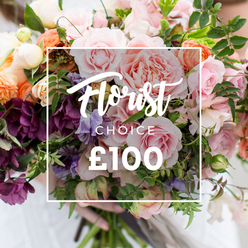 Seen from a florist's eye, this lush, hand-gathered bouquet reads like a small, cultivated patch of summer brought indoors - the kind of arrangement we love assembling for neighbours around Grove Park High Street and for deliveries near the station. Large, blousy pink garden roses take centre stage, their petals layered and slightly ruffled as if touched by a cool morning breeze. Intermingled are light purple-and-white sweet peas with delicate stripes, frilly pale spray carnations and cream accents that add movement and air, while coral and peach ranunculus-like blooms supply soft, warm highlights. Dark plum hellebore-like florets are tucked into the lower clusters, adding richness and texture that deepen the palette and give visual weight. Abundant green foliage - a mix of long, trailing tendrils and broader leaves - wraps the composition, creating a natural garden-style silhouette and emphasizing freshness and seasonal variety. A white rectangle overlay sits centred over the floral mass with Florist Choice scripted across the top, CHOICE in smaller block letters beneath, and a large ?100 displayed at the bottom in bold numbers, making the product and price immediately clear. Hands gently hold the stems at the bouquet's base, a human scale against softly blurred pale clothing. As an experienced local florist I note the lighting is soft and directional, highlighting petal texture and scent memory; this is the kind of arrangement Grove Park Florist would prepare for anniversaries, congratulations, or special moments when you want a considered, seasonal statement.