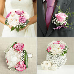 This photograph presents a harmoniously coordinated wedding flower suite, styled with the kind of understated elegance that suits a Grove Park celebration near the river. The bridal bouquet dominates the composition, rich with cream peonies and blush-pink roses, their petals unfolding in generous, layered spirals that feel both luxurious and approachable. A few blooms carry deeper notes of magenta and soft lavender, adding depth and dimension without breaking the pastel calm. Drifting between the larger flowers, clusters of fine white gypsophila create a misty veil that softens the transitions and gives the bouquet a light, airy structure. Wrapped around the blooms, smooth, deep-green leaves arc and cradle the arrangement, their clean lines offering a gentle counterpoint to the softness of the petals. Nearby, you can see the groom's boutonnière and smaller companion pieces-perhaps for bridesmaids or family-each carefully designed as a scaled-down echo of the main bouquet. The boutonnière features a single lilac-tinged rose, a tiny spray of baby's breath, and a hint of delicate greenery, tied neatly with a narrow ribbon that gleams subtly in the light. The overall mood is one of quiet romance and thoughtful detail, ideal for an intimate wedding held in the tree-lined streets or local venues around Grove Park. The lighting is soft and flattering, evoking the gentle glow of late afternoon, and you can almost imagine the cool stems in hand, the touch of velvet petals against fabric, and the light, sweet fragrance that lingers as vows are spoken and the reception begins nearby.