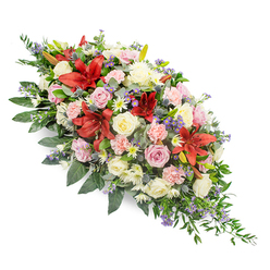 This photograph captures an elegant funeral spray resting visually on a clean white field, its colours and textures quietly unfolding like a story of a life well loved. The arrangement has a long, tapered shape, fuller at one side and narrowing on the other, suggesting it is meant to lie along a casket or memorial table. Strong accents of deep red lilies, open in star-shaped blooms, provide a sense of courage and depth, their rich tones standing out among the lighter flowers. Around them, clusters of cream, soft pink, and pale blush roses create a soothing, romantic core, with some petals tightly wrapped and others gently spiralling open, as if marking different chapters of memory. Light pink carnations with ruffled edges and white chrysanthemum-like flowers slip into the spaces between, ensuring that the spray feels generous and embracing rather than austere. Cool-toned blue-purple thistles and tiny lavender-blue filler flowers are tucked strategically throughout, breaking up the warm palette and adding intriguing texture, reminiscent of the untamed blooms that might edge the pathways near Grove Park and Chiswick. A rich layer of dark green foliage underpins the design, with glossy, broad leaves giving structure and more delicate, ferny stems extending beyond the blooms, especially at the tapered end, so the form appears to flow and trail naturally. Soft, even lighting makes each detail stand out, from the sheen of the leaves to the subtle variation in petal colour. It feels like the kind of carefully considered tribute crafted by a knowledgeable local florist, meant to accompany a quiet farewell in a Grove Park church or crematorium chapel, offering comfort to family and friends gathered in remembrance.
