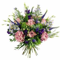 Set against a pure white background, this sophisticated bouquet looks like a carefully composed painting, the sort of arrangement a seasoned Grove Park florist might prepare for a special celebration near Chiswick and the river. At its heart, several pastel pink roses unfurl in graceful layers, some fully open to show intricate, spiralling centres, others still partially closed, their petal edges touched with deeper pink tones that lend a delicate blush. Intertwined with them are large, ruffled carnations in shades of dusty rose and mauve, their masses of soft, frilled petals giving the bouquet a sumptuous, almost fabric-like richness. Rising among this softness, tall, slender spikes of deep lavender-blue Veronica contribute height and structure, their elegant, tapering forms guiding the eye upward and lending a lightly contemporary feel. Dotted between the focal blooms, rich purple lisianthus blossoms appear in gentle clusters, their bell-shaped petals curling slightly at the edges, adding velvety depth and a hint of drama. Weaving through the entire bouquet are sprays of tiny aster-like flowers in lavender and periwinkle, each little daisy-like head with a yellow centre softening the spaces in between and creating a misty, romantic ambience. A lush collar of greenery encircles the flowers, including lime-bright textural filler-perhaps bupleurum or green trick dianthus-and cool, silvery eucalyptus leaves that extend beyond the petals to frame the design in subtle arcs. The stems at the base are cleanly trimmed and tightly bound, emphasising the hand-tied craftsmanship that makes the bouquet ready for a favourite vase in a Grove Park home. The overall mood is one of quiet celebration and gentle affection, perfect for marking significant milestones, offering congratulations, or bringing a touch of floral elegance into everyday life.