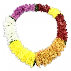 On a pristine white background, a single floral lei forms a closed oval, its colours flowing seamlessly from one mood to another. The garland is tightly strung with artificial blooms that closely imitate small chrysanthemums, each flower composed of many layered petals that create a dense, fluffy surface all the way around the ring. At the top left, the lei begins with a deep, saturated section of purple, stately and reflective, then melts into a short, calming band of pure white blossoms that bring a sense of hush and clarity. The palette then warms into bright yellow, like morning light along the paths near Grove Park station, before gradually shifting into a richer, more honeyed gold that feels steady and reassuring. From this warmth the design deepens into a darker stretch of reddish-brown or maroon, an earthy tone that anchors the arrangement and suits the quiet respect of a funeral or memorial. Finally, the colours return to a concluding segment of vivid yellow, reconnecting with the earlier brightness and completing the circle in a comforting, continuous loop. Small, dark green leaf details peek out between some of the colour changes, providing a subtle contrast and hinting at the craftsmanship behind the strung flowers. A soft shadow below the lei gives it dimension, as if resting lightly on a table in a chapel or family home in Grove Park, ready to be placed in honour of a loved one. The overall effect is both festive and tender, blending Hawaiian-inspired symbolism with the gentle solemnity of a tribute wreath.