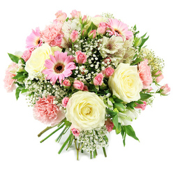 Set against a bright, uncluttered white backdrop, this hand-tied bouquet glows with soft, romantic colour, as though freshly arranged for a special moment in Grove Park. At the centre, several full, cream-coloured roses unfold their layered petals in generous spirals, each bloom giving a sense of quiet luxury and calm. Nestled around them are clusters of blush and light pink spray roses, their tiny buds and small open flowers creating a gentle rhythm of colour and form. Pink gerbera daisies burst through the pastel shades, easily recognised by their flat, perfectly formed petals surrounding dark brown centres, bringing cheerful energy that feels modern and uplifting. Fluffy, pale pink carnations are scattered through the bouquet, their ruffled, feathery petals adding depth and a familiar, comforting texture. Between these larger blossoms, the white petals of alstroemeria appear, slim and slightly arching, with fine reddish streaks that add a subtle, painterly detail. Wisps of baby's breath drift through the design, each tiny white bloom contributing to an overall impression of lightness, as though a soft mist has settled over the flowers. Fresh green leaves and stems wind between the blooms, introducing cool contrast and natural structure, evoking the greenery of nearby parks and tree-lined avenues in Grove Park. The stems are brought together in a tidy, professional tie at the base, suggesting a bouquet ready to be carried to a celebration or delivered via same-day local service. The mood is affectionate and hopeful, ideal for marking new beginnings, offering congratulations, or simply sending love to a friend or family member living near the station or along the quieter residential roads.