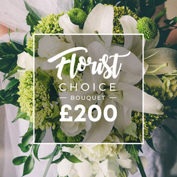 From the vantage of a Grove Park heart, this Florist Choice bouquet feels like a whispered invitation from spring. The dominant white lilies rise at the centre, their petals unfolding with a pure, satin sheen that catches the light in a slow, delicate dance. Around them, soft white clusters-perhaps ranunculus or roses-build gentle volume, their blooms arranged in loose, breathing layers that convey effortless elegance. Lime-green accents punctuate the arrangement in crisp, modern bursts; green Dianthus Green Trick or neat hydrangea heads add a sculptural, almost graphic note to the composition. The greens-eucalyptus and ruscus-elaborate the bouquet with a rich, velvety backdrop, giving it depth and a lush, garden-like base. The bouquet seems to be held by a figure dressed in pale fabric, the blurred background suggesting a bride preparing for a special day or an hour of celebration. In the center, a white frame overlays the bouquet, carrying the Florist Choice script at the top, the bold BOUQUET line beneath in uppercase, and the bottom display of ?200-a signal of its premium price. The overall mood is one of refined simplicity, a match for a ceremony or a thoughtful gift that speaks of care and expertise. Offered with Grove Park delivery options across the area, this bouquet befits weddings, anniversaries, or milestones where quiet luxury is the aim.