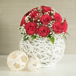 In this serene floral composition, a rounded bouquet of deep red roses commands attention, styled in the refined manner of a wedding table centrepiece you might find at a cosy Grove Park gathering. The arrangement features roughly twelve to fifteen roses, each one open to its full glory, with layered, velvety petals spiralling inward to form richly textured blooms. Dotted between the roses, delicate sprays of white baby's breath soften the palette, their miniature blooms appearing like airy clusters of snowflakes resting on the crimson petals. Subtle hints of green foliage peek from beneath the flowers, grounding the bouquet in nature while preserving its polished, spherical silhouette. The roses are nestled into a unique white vase, round and bulbous, built from slim interlacing strands that form an open-weave lattice reminiscent of handwoven wicker or rattan. This sculptural design creates pockets of shadow and light, lending the vase its own artistic presence alongside the flowers. The entire arrangement sits on a smooth white tabletop, simple and uncluttered, echoing the pared-back elegance of many Grove Park homes and intimate wedding venues. To the left of the vase rest two decorative spheres made from pale, woven material in creamy, off-white tones, their open structure echoing the lattice of the vase; the larger orb sits nearer the front, while the smaller is tucked slightly behind, adding gentle visual balance. The background is a softly blurred wall in a neutral beige shade with a faint fabric-like texture, ensuring that the vibrant red roses remain the focal point. Soft, even lighting bathes the scene, highlighting every petal curve and woven detail, creating a mood of quiet romance and thoughtful celebration.