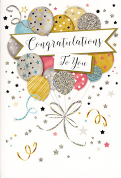 This image shows a sophisticated congratulations card that feels like a quiet burst of joy, perfect for celebrations in Grove Park. The illustration centres on an artfully arranged cluster of balloons that seems to float upwards from the bottom of the card. The balloons vary in size and pattern, painted in tones of muted gold, bright silver, soft champagne, sky blue, blush pink, and gentle grey. Some are speckled with tiny stars, others edged with glittering details or wrapped in subtle linear patterns, giving each balloon its own character while maintaining a cohesive, elegant palette. From the point where the strings meet, fine metallic ribbons in gold and silver descend in delicate curls, adding a sense of movement that feels almost three-dimensional, as though you could lightly tug them as you might a real bouquet. A central banner unfurls horizontally across the cluster, carrying the message "Congratulations To You" in a refined, handwritten-style script that suggests warmth and sincerity rather than formality. The background is a soft, off-white canvas sprinkled with small stars, scattered dots, and playful swirls of colour, evoking confetti drifting through the air after a happy announcement shared near Chiswick or along Grove Park Terrace. Gentle, even lighting creates faint shadows around the card, making the metallic inks glimmer subtly without harsh glare. The design balances sophistication and fun, making it suitable to accompany flowers sent for exam success, promotions, or any achievement. It feels like something you'd choose at Grove Park Florist to add a polished finishing touch to a celebratory bouquet delivered to friends, family, or colleagues in the neighbourhood.
