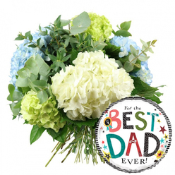 This image presents a warm, celebratory Father's Day scene: a beautifully crafted hydrangea bouquet paired with a playful "For the BEST DAD EVER!" foil balloon, all set against a clean white backdrop that lets every detail shine. Filling the upper left and central part of the frame, the bouquet forms a full, rounded dome made up of large hydrangea heads. At the centre, creamy white hydrangeas dominate, their many small, papery petals packed together to create a soft, pillowy texture that suggests tenderness and comfort. Nestled among them, clusters of pale blue hydrangeas offer a serene contrast, their cool tone reminiscent of a gentle evening sky over Grove Park. Bright lime green hydrangeas peek through on the right and lower left, adding a crisp, energising note that keeps the design light and modern. Threaded between the hydrangea blooms are sprigs of silvery-green eucalyptus, with round, matte leaves that arc gracefully outwards, and deeper green foliage that adds density and shadow, giving the design a natural, garden-fresh feel, as if cut that morning from a nearby riverside garden. The lower part of the bouquet reveals neatly gathered stems, tightly bound, hinting at expert hand-tying by a local florist. In the lower right of the image, overlapping the flowers, a glossy, round foil balloon draws the eye. Its centre is a bright white circle, surrounded at the top and bottom by bold black and white stripes, providing a smart frame for the message. The text "For the BEST DAD EVER!" is printed in a mix of playful fonts: "For the" and "EVER!" appear in simple black, while "BEST" and "DAD" explode in colour with reds, greens, teals, and polka-dot and striped patterns. A small "No. 1" rosette icon sits beside the B, just like a prize ribbon at a village fete. Scattered across the white area are whimsical stars and tiny dots in yellow, red, teal, and black, giving the balloon a party-ready vibe. The whole composition feels like an affectionate thank-you, ideal for delivery to a dad's doorstep anywhere in Grove Park and the surrounding Chiswick area.
