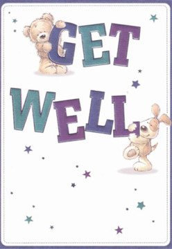Brimming with lightness and easy joy, this get well card beautifully captures the neighbourly kindness of Grove Park. The central scene is anchored by a cuddly teddy bear perched cheerfully atop the word 'GET' and a spirited puppy nestled alongside the word 'WELL,' each radiating hope and soft compassion. Lush purples and fresh teals in the bold, rounded lettering create a lively counterpoint to the creamy white background, reminiscent of the tranquil, tree-lined avenues just off Grove Park Terrace. Stars, brushed in deep blues and violets, dapple the card like small bursts of encouragement, mirroring the optimism carried by same-day flower deliveries from local florists. Every stroke, from the plush fur to the emotive eyes, feels designed to offer genuine comfort-much like a bespoke Grove Park Florist bouquet chosen to uplift a recovering friend or neighbour. The sense of nurturing, gentle humour, and sincere care transforms this card into an uplifting token that instantly brightens spirits, letting anyone in the Grove Park area know just how deeply they are valued.