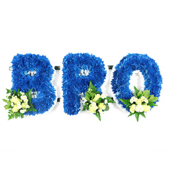 An intimate, studio-framed photograph on a clean white background captures a three-piece sympathy tribute that spells "BRO" in bold, three-dimensional capitals. Each letter is carefully constructed from dense, royal blue chrysanthemums whose multitude of small florets are massed to form a richly textured, cushion-like surface; the white outline of the underlying foam base remains visible along the inner loops and edges, reinforcing the letters' geometry. Delicate accent groupings punctuate each character - creamy pale yellow or ivory spray roses in tight bud and half-open stages, accompanied by tiny white filler flowers and fine green fronds - placed thoughtfully at the lower-left of the B and the lower-right of both the R and the O. The foliage, a blend of broader glossy leaves and lacy fern-like greenery, provides depth and a cool herbaceous aroma that balances the floral sweetness. The blue chrysanthemums read as serene and solemn under soft, diffused studio light, while the cream rose clusters break the intensity with gentle warmth. Visually composed and respectful, this tribute conveys a personal message of remembrance and kinship; it is the sort of custom piece local families in Grove Park might order for a funeral at a nearby church or community chapel, or to be carried into a memorial service at Grove Park station area venues and local cemeteries. The overall effect is one of quiet dignity - a clear, heartfelt statement of loss, memory and lasting affection.