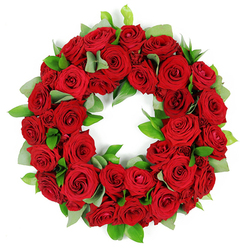 Within a circle of red, this wreath from a local Grove Park florist feels like a guarded memory made visible. Dozens of roses, each a deep crimson, hold a moment of time in their compact form: some blooms still tight with promise, others opening to reveal velvet layers and subtle creases that catch the light. The green companions-a mix of broad, matte eucalyptus leaves and slender, glossy ruscus-offer a restrained chorus, underscoring the roses without competing with their heat. The white background acts as a stage for the colour story, letting the scent of rose and the whisper of foliage travel to the viewer's imagination. Its circular shape conveys continuity and tribute, a calm line that invites reflection and memory. The craftsmanship is thoughtful, with petals overlapping in gentle folds to create depth and a tactile fullness. This piece speaks of sympathy and enduring connection, suitable for memorials, church vigils, or a quiet corner in a home during a time of mourning. Locally, in Grove Park, it graces chapels, mantelpieces, and hall tables, and the shop offers reliable delivery across the area so loved ones far and near can share a moment of pause and remembrance.