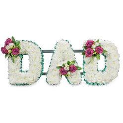 This image shows a reverent funeral lettering piece forming the word DAD, each letter carved from a thick layer of immaculate white chrysanthemums that create a pillowy, textured surface. The letters are sharply edged with a ruffled emerald-green ribbon that outlines both the outside and the internal voids, adding a formal, leafy frame to the white blooms. Three artful clusters of accent flowers punctuate the composition: deep magenta roses - a mixture of tight buds and gently unfurling blooms - combined with small white freesia or similar fragrant white sprigs and rich, dark-green foliage. Placement is intentional and symmetrical: the first D holds its cluster on the upper left curve, the A receives its gently nested bunch in the lower V, and the last D is crowned on the upper right curve. A discreet dark-green or slate-grey horizontal bar connects and supports the letters from behind, indicating this is a freestanding memorial piece suitable for display at a funeral service, chapel or graveside. The overall palette of pure white, jewel-toned rose, and cool ribbon evokes quiet dignity; the roses lend a soft scent while the chrysanthemums offer a comforting, almost tactile softness under soft, neutral studio lighting. Speaking as a florist who serves Grove Park and neighbouring Lee and Hither Green, I picture this arrangement brought to a family home or placed at Grove Park station memorials - a composed, personal tribute that honours a father with gentle formality and warmth.