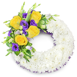 Set against a clean white backdrop, this circular sympathy wreath has been formed from a plush, continuous ring of small white spray chrysanthemums, each bloom packed tightly to create a serene, cloudlike texture that invites quiet contemplation. The white base speaks of purity and stillness; under soft studio light the petals show a faint, pearlescent glow. At the upper left quadrant a vibrant accent spray arcs gently into view: several open, golden-yellow roses with softly unfurling petals that bring warmth and a subtle, honeyed perfume, contrasted by deep purple lisianthus (Eustoma) whose ruffled, cup-shaped blooms lend a velvety, cooling counterpoint. A handful of pale lavender lisianthus buds add movement and promise, while varied green foliage - glossy, rounded leaves, some with light variegation, and delicate fern fronds - supports the cluster and gives it structure. Thin bands of dark purple mesh ribbon are visible tucked under the white flowers along the wreath's inner and outer edges, a refined detail that visually ties the accent to the base. The open centre preserves the classic wreath silhouette, appropriate for a funeral, memorial, or graveside tribute. As a local florist serving Grove Park and surrounding SE12, Grove Park Florist composes pieces like this to convey sympathy with understated beauty; the combination of textures, scent, and colour is meant to comfort and honour memory with dignity.
