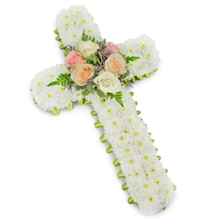 The image shows a large, traditional Christian cross created entirely from fresh flowers, resting against a clean white studio background that makes each blossom stand out in crisp detail. The arms and upright of the cross are covered from edge to edge with small white chrysanthemums, their button-shaped blooms packed densely to form a deep, cushioned surface. The petals appear soft and slightly ruffled, creating a velvety texture that suggests purity, innocence, and serenity. At the centre of the cross, a cluster of roses provides a gentle burst of colour and emotional warmth. These roses, fully open and lush, display shades of pale pink, ivory white, and soft peach, their layered petals unfolding in tender spirals that speak of love, remembrance, and gratitude. Around them, slender fronds of fresh green fern reach outward, adding airy movement and natural contrast, while scattered sprigs of small lavender or light purple filler flowers lend a hint of pastel colour that feels both soothing and refined. Along the entire perimeter of the cross, a narrow lime green ribbon runs beneath the flowers, just visible in places, giving the tribute a smart, well-finished frame that subtly lifts the design. The arrangement feels especially fitting for a farewell service in Grove Park, perhaps at a local church or crematorium that families reach via the quiet residential streets. It is a classic sympathy piece, carefully designed to bring a sense of calm and reassurance to mourners as they gather to remember a loved one's life and faith.