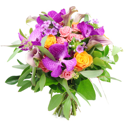 A richly coloured bouquet is displayed against a spotless white backdrop, every stem arranged to create a sense of joyful harmony. At its heart, luxuriant Vanda orchids in velvety purple hues spread their broad, speckled petals, the intricate patterning giving each bloom a unique, almost hand-painted character. Clustered closely around them are bright orange roses, tightly cupped and perfectly formed, providing bursts of cheerful colour that seem to glow from within. Interwoven with these are pastel pink garden roses in various stages of bloom, from compact buds full of promise to softly open flowers that introduce a gentle, romantic softness. Slender calla lilies emerge with poised elegance, shaded in subtle tones of mauve and plum, their trumpet shapes arching elegantly through the bouquet and adding height without overpowering the design. The floral display rests in a generous collar of greenery, featuring slender, silvery eucalyptus that adds a cool, misty note alongside darker green leaves that ground and balance the palette. Delicate sprigs of lavender-toned filler flowers and small green shoots slip between the larger blossoms, creating intricate layers and a pleasing, garden-like texture. The stems are tied neatly at the base, visible and aligned, suggesting the careful work of an experienced florist in Grove Park preparing a hand-tied gift. The overall mood is one of modern luxury with a playful twist of colour, ideal for celebrations, housewarmings, or anniversary dinners at home, and perfectly suited to same-day delivery across Grove Park and the surrounding streets for those moments when words alone are not enough.