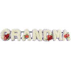 This image presents a lovingly styled GRANDMA funeral tribute, the word arranged in sturdy block capitals that sit in a single row, perfect for display at a Grove Park memorial or graveside service. Each letter is fully packed with small, uniform white chrysanthemum heads, their petals creating a plush, cushion-like effect that feels gentle and embracing. There are no visible gaps between the flowers, giving the tribute a professional, carefully finished appearance. Around the edges, a subtle backing of light purple or lilac material peeks through, tracing the contours of each letter and lending the whole piece a soothing, almost ethereal glow that stands out against the pure white background. Rich red accents are thoughtfully placed to break up the expanse of white and mirror the affection felt for a grandmother: on the G, a compact grouping of velvety red roses sits alongside a distinctive red-and-cream variegated calla lily, its elegant, trumpet-shaped bloom tipping forward. The first A is marked with a single red anthurium at its base, its glossy, heart-like form a quiet nod to devotion. In the centre, the M is highlighted by another cluster of red roses paired with a matching red anthurium, while the last A holds one more red anthurium bloom, giving balance and rhythm to the overall composition. A dark green support frame is tucked behind the letters, ensuring stability while remaining almost hidden from view, much like the unspoken support of family gathered from Grove Park and nearby Chiswick to pay their respects. The tribute feels personal, serene, and dignified, ideal for those seeking a customised floral message to honour a beloved grandmother.