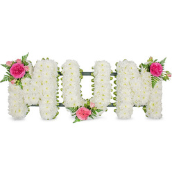 Photographed against a pure white background, this elegant memorial floral arrangement spells MOM in clear, block capital letters that seem to stand quietly at the centre of the frame. Each letter has been meticulously covered in tightly packed, small white blossoms, most likely chrysanthemums, their rounded flower heads pressed closely together to create a plush, even surface. The blooms catch the light softly, lending the whole tribute a gentle, almost luminous quality, reminiscent of a still morning along the tree-lined streets of Grove Park. Beneath the flowers, a dark green support bar and discreet framework hold the letters together, providing both stability and a contrasting line that subtly outlines each shape without distracting from the overall calm whiteness. Touches of colour are thoughtfully introduced in three focal clusters. The first sits on the upper left arm of the initial M: a bold fuchsia rose, its petals layered in tight ruffles, surrounded by paler pink roses and airy fronds of fern that extend beyond the edge of the letters. A second, harmonising cluster nestles in the lower area between the circular O and the last M, drawing the eye toward the centre. The final cluster mirrors the first, positioned on the upper right of the final M, balancing the composition from side to side and giving a sense of completion. The mingling of pure white, vivid pink, and fresh green creates an atmosphere of love, gratitude, and remembrance, making this design a fitting choice for a funeral or memorial in Grove Park, where families gather to celebrate the life and legacy of a much-loved mother.