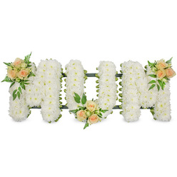 The image presents a dignified sympathy tribute spelling MOM in large capital letters, designed to rest along the length of a coffin or at the front of a chapel. Against a clean white background, each of the three letters appears crisp and clearly defined, filled entirely with densely packed white spray chrysanthemums. These small, daisy-like flowers are arranged so carefully that they create a seamless, velvety carpet of petals, their pristine white tone evoking peace, innocence, and a sense of gentle farewell. Along the borders of the letters, a slim band of dark green framing and discreet foliage can be seen, giving each character neat, precise edges and a feeling of quiet strength. To soften the formality of the white, three clusters of roses introduce a muted, comforting colour palette. In each cluster, soft peach and blush-apricot roses are combined with smaller buds at different stages of opening, surrounded by rich green leaves and wisps of fern. One arrangement of roses sits on the upper left of the first M, another is tucked at the lower centre where the O meets its hidden base, and the final cluster graces the upper right of the last M. These accents guide the eye along the tribute and lend a personal, intimate touch, suggesting cherished memories and lasting affection. It is the kind of bespoke funeral flower design a family in Grove Park might choose for a farewell near Marvels Lane or close to the quiet paths of Chinbrook Meadows, where the white chrysanthemums and soft peach roses can gently express love and remembrance for a beloved mom.