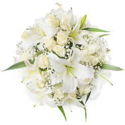Taken from an overhead angle on a pale white surface, this round hand-tied bouquet presents a harmonious chorus of white and cream blooms. Majestic white lilies dominate the composition with their trumpet-shaped petals and faintly green stamens, each bloom opened wide to reveal delicate inner textures. Interspersed are clusters of cream and ivory roses, many held in a half-open or bud stage so that their layered petals form soft, compact rosettes against the lilies' broader planes. Fine sprays of Baby's Breath (Gypsophila) drift through the arrangement like a light veil, adding an airy, almost snowy texture that softens the bouquet's silhouette. Bright green leaves tuck in at the edges and between stems, their fresh sheen outlining the circular form and providing a subtle, restorative contrast. The visual balance is intentionally symmetrical yet richly textured, conveying the meticulous handwork of an experienced florist and the quiet dignity of white flower symbolism. The scent profile is gentle and memorable - the lilies' sweet, clean fragrance lifted by the warm, honeyed notes of the roses - creating an impression of comfort and celebration at once. This bouquet would be equally at home in a wedding ceremony, a christening, or as a dignified expression of sympathy. Locally, people often choose arrangements like this for small venues around Grove Park and the neighbouring Lewisham communities; it photographs beautifully and carries a classic message of purity and new beginnings.